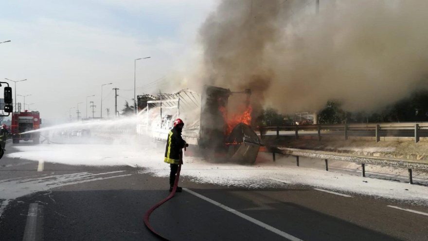 Kargo yüklü TIR alev alev yandı