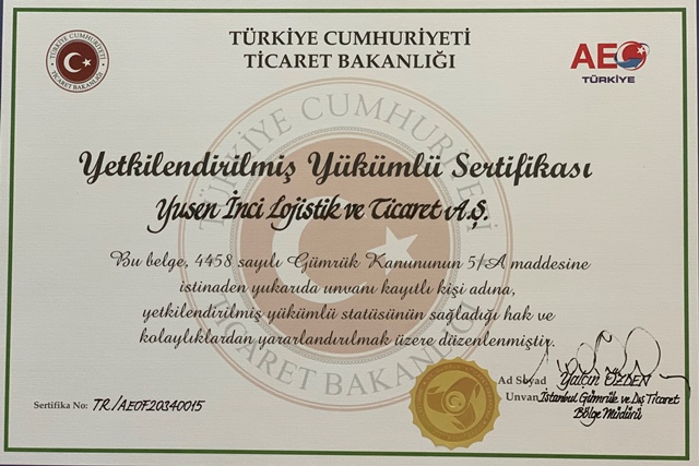 Yusen İnci Lojistik’in YYS belgesi tescillendi