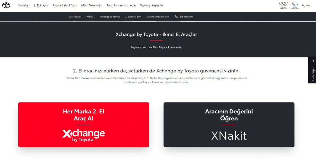 İkinci elde tüm marka ve modeller “toyota.com.tr” de